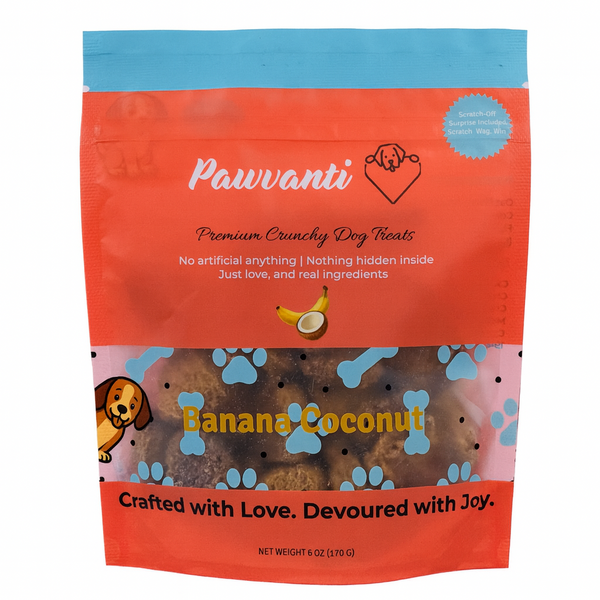 Pawvanti banana coconut crunchy dog treats in a resealable bag, showing the treats and coconut flavor ingredients.