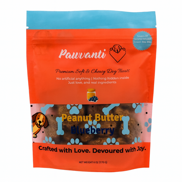 Pawvanti peanut butter blueberry soft and chewy dog treats in a resealable bag, showing treats with peanut and blueberry ingredients