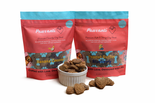 Pawvanti soft and crunchy variety bundle of dog treats with assorted flavors in colorful packaging.