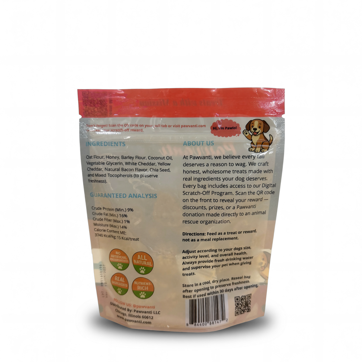 Back view of a Pawwacht dog treat pouch, showing ingredients, guaranteed analysis, directions, and a QR code on a white background.
