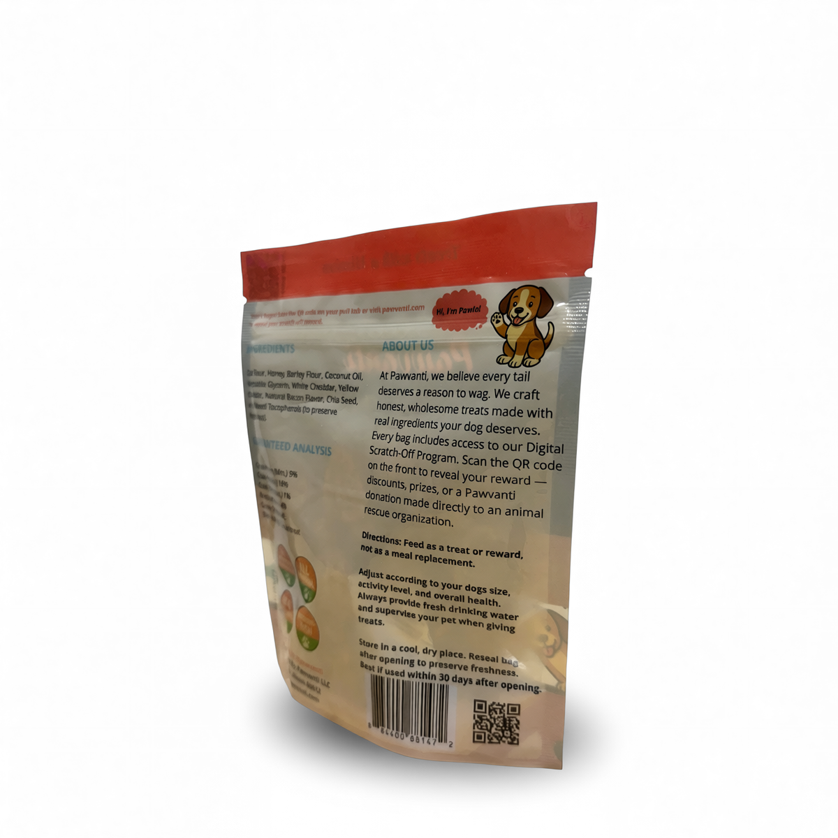 The back of a Pawvanti dog treat pouch, showing text details, a cartoon puppy illustration, and a barcode on a white background.