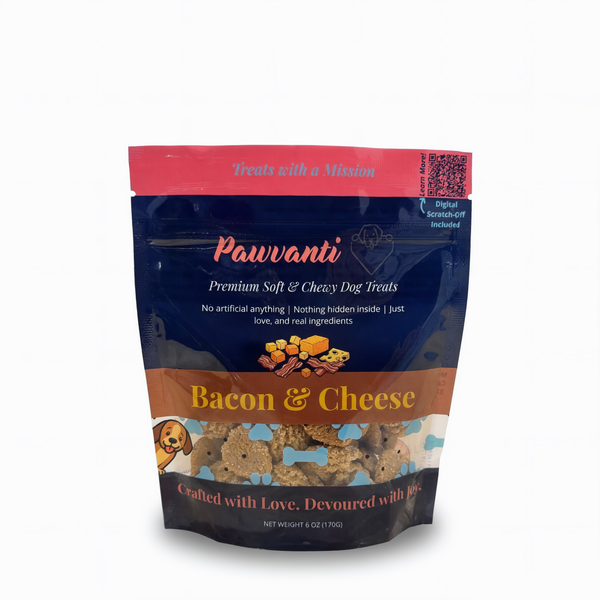A stand-up pouch of Pawvanti Bacon & Cheese dog treats on a plain white background. The packaging features a dark blue upper section with the brand name 'Pawvanti' in pink, a bright red top band, a brown middle band with 'Bacon & Cheese' in yellow, and a clear lower window showing the dog treats inside.