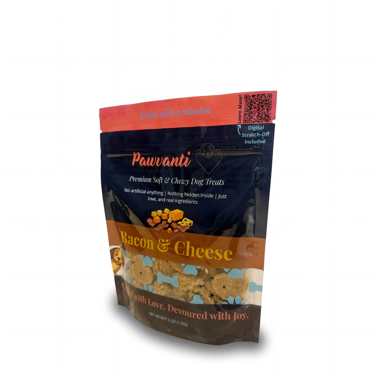 A stand-up pouch of Pawvanti Bacon & Cheese Premium Soft & Chewy Dog Treats, featuring a dark navy blue bag with orange and yellow accents, a clear window showing the treats inside, and a digital scratch-off qr-code on the top right.