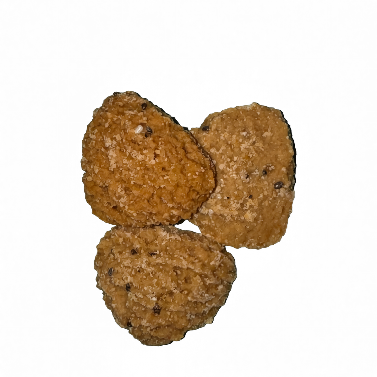 Three brown, textured, soft and chewy dog treats arranged together on a plain white background.