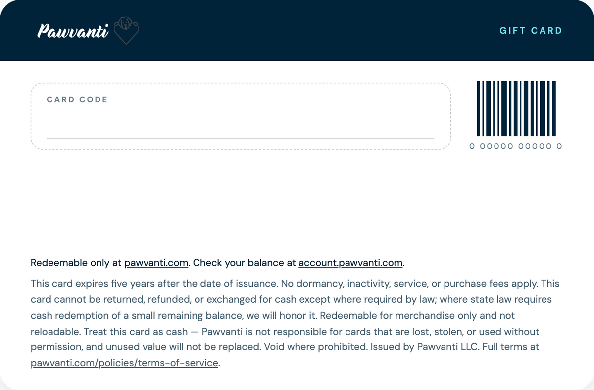 A Pawanti gift card design with a dark blue header, white card background, barcode, and redemption text. The brand name Pawanti is clearly visible at the top left.