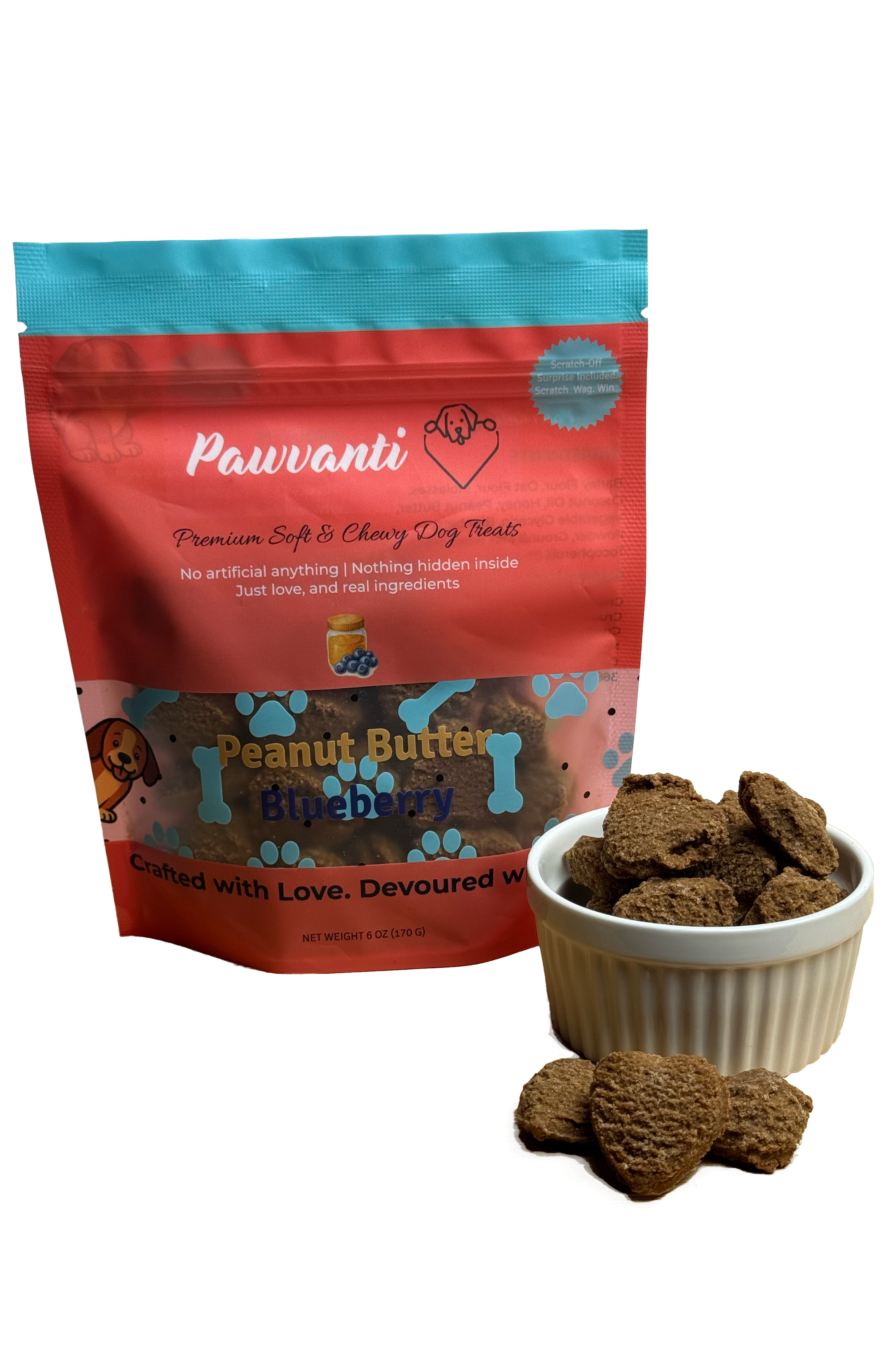 Pawvanti Soft and Crunchy Variety Bundle of dog treats with assorted flavors in a colorful bag.